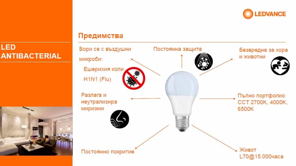 LED крушка антибактериална E27 / 13W = 100W