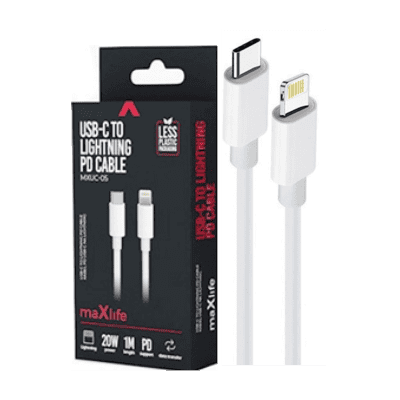 Кабел maxlife usb-c - lightning 1м 20w бял