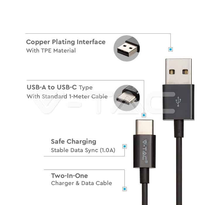 Тип C USB Кабел Черен Серия "Silver"1метър