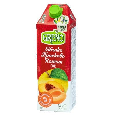 Сок Greno с ябълка, праскова и кайсия 1.5л