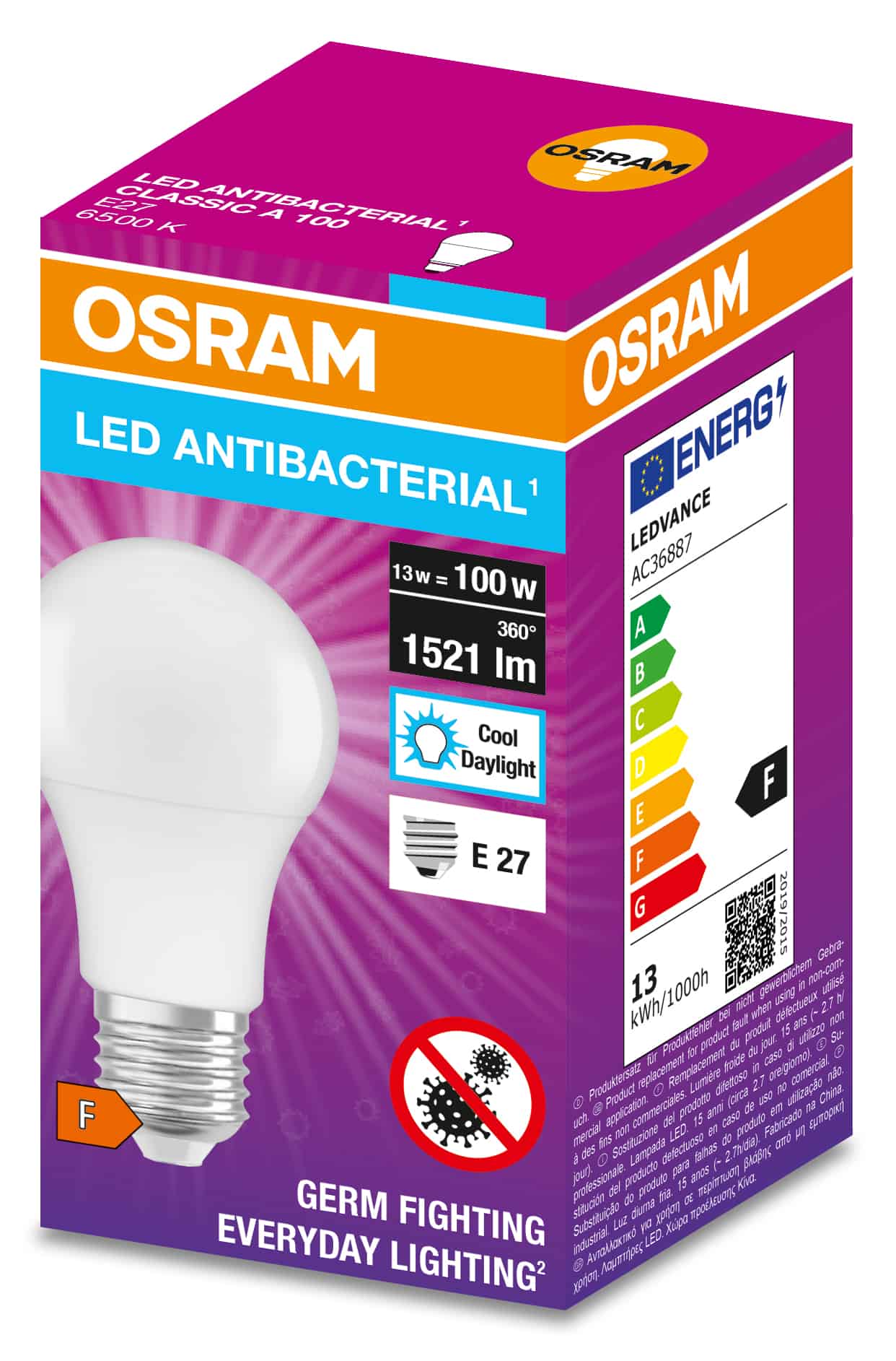 LED крушка антибактериална E27 / 13W = 100W