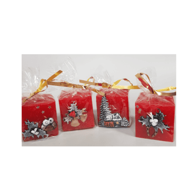 Свещ коледен куб с декорация 5/5/5