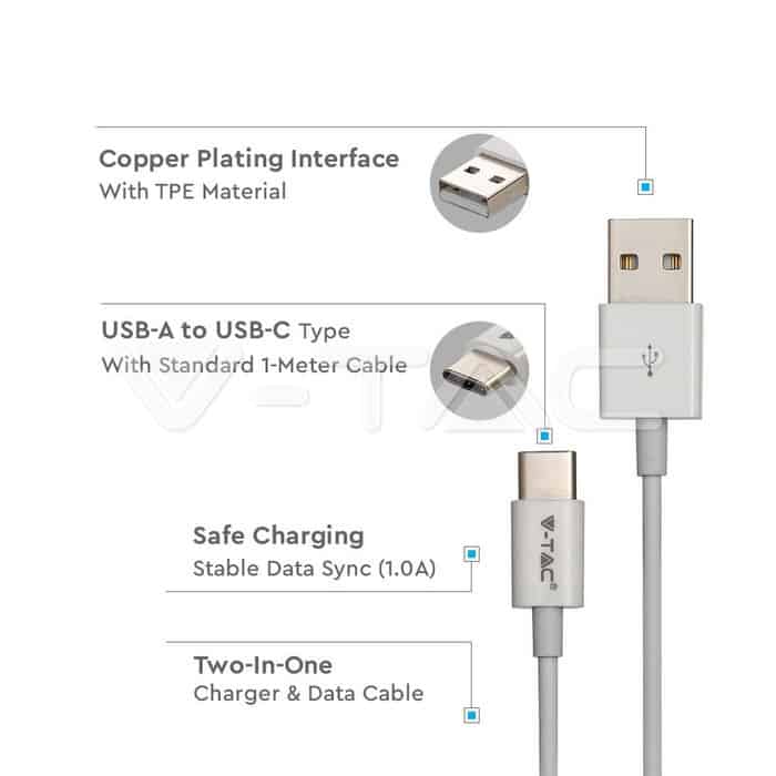 Тип C USB Кабел Бял Серия "Silver" 1 метър