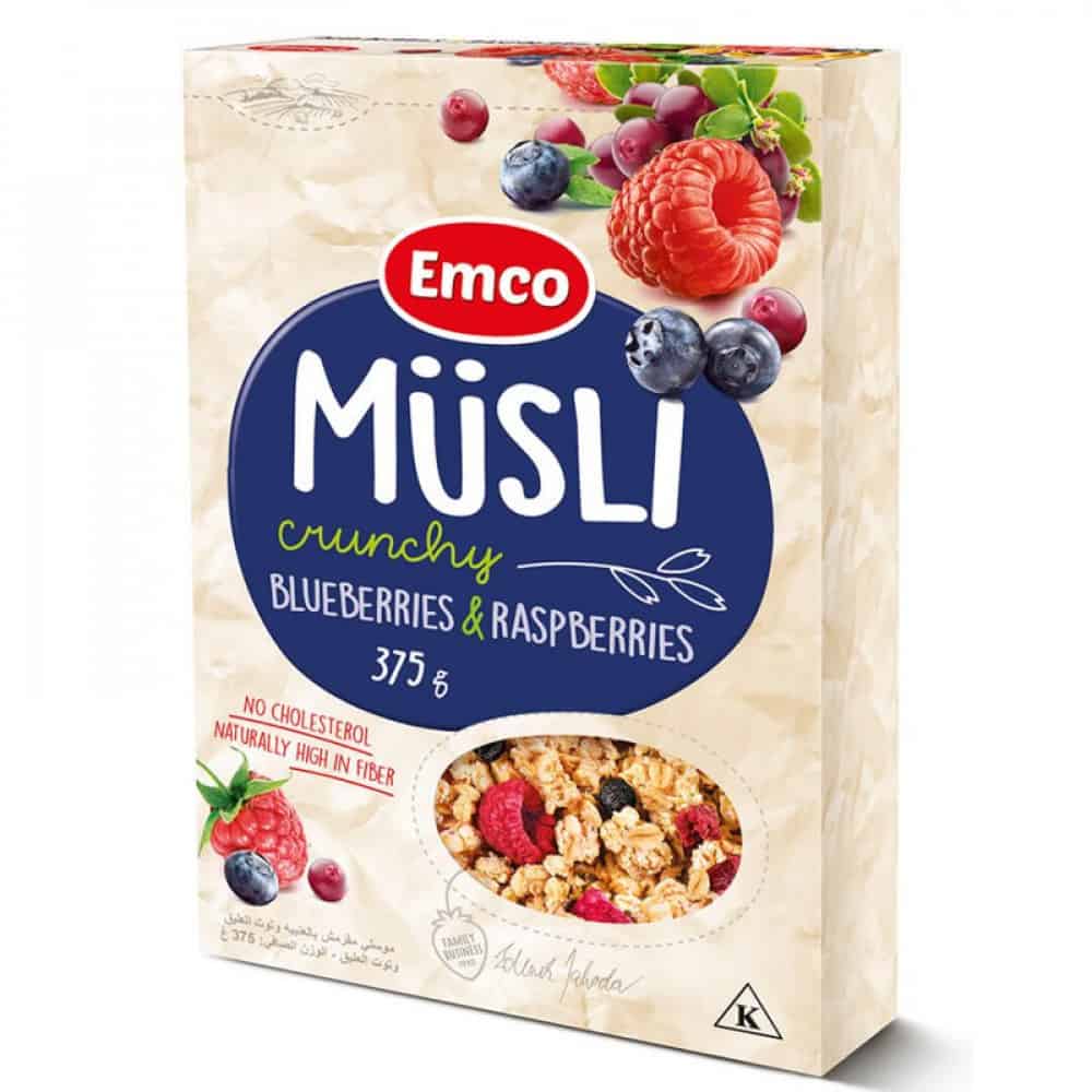 Мюсли Emco Crunchy с б-ки и малини 375гр