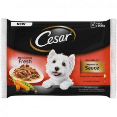Nрана за кучета Cesar, микс пиле и говеждо в сос, 4х100 гр